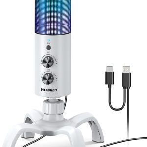 Aokeo Microphone de jeu USB avec gain, lumière RVB pour enregistrement, podcast, streaming, YouTube, Twitch, Skype, compatible avec PS5, PS4, Mac, ordinateur de bureau (blanc)