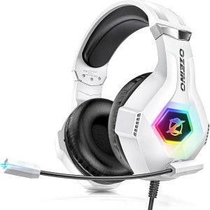 Casque Gaming PS4 Pro, Casque Xbox One Over-Ear RGB 7 Couleurs Transducteurs 50mm Stéréo Basse Micro Anti-Bruit Réglable Compatible PS5 Switch Xbox Series X & S - Blanc
