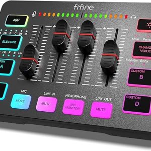 FIFINE Gaming Audio Mixer, Streaming RGB PC Mixer avec Interface Microphone XLR, Contrôle Individuel, Contrôle de Volume, Bouton de Mute, Alimentation Fantôme 48V, pour Podcast Enregistrement
