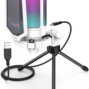 FIFINE USB Microphone Gaming, RGB Condensateur Microphone pour PC PS5, avec Bouton de Silence, Fixation Antichoc, Support Trépied, Filtre Anti-Pop, pour Streaming Discord Twitch Podcasts Videos