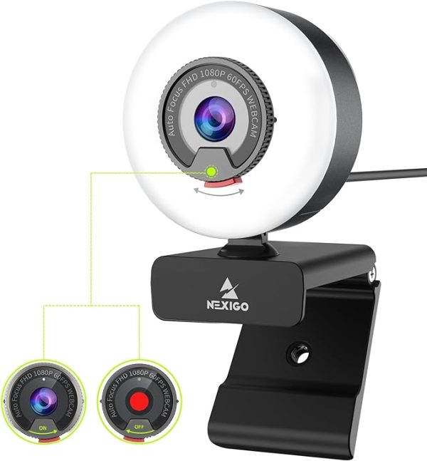 NexiGo N960E 1080P 60FPS Webcam avec lumière, Logiciel Inclus, AutoFocus Rapide, Couvercle de privacité, caméra Web USB, Double Microphone stéréo, pour Zoom Meeting Skype Teams Twitch