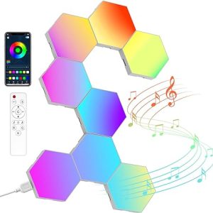 Panneau LED Hexagonal Gaming Murale Lampe— 8pcs Smart Music Sync Deco Modulaires RGB Lights App&Télécommande Contrôle Gaming Setup DIY Creative Appliques Murales